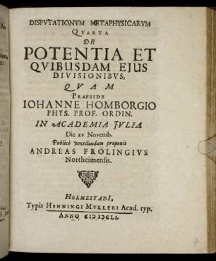 Disputationum Metaphysicarum Quarta De Potentia Et Quibusdam Eius Divisionibus