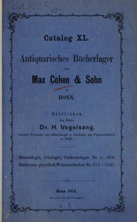 Antiquarischer Lager-Catalog von Max Cohen & Sohn (Fr. Cohen) in Bonn. 40. 1874