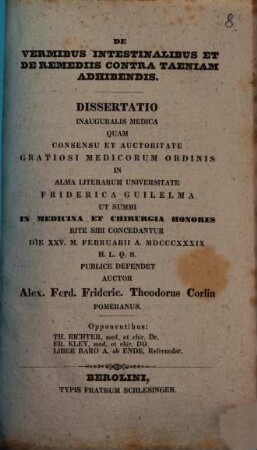 De vermibus intestinalibus et de remediis contra taeniam adhibendis : [Diss. inaug. med.]