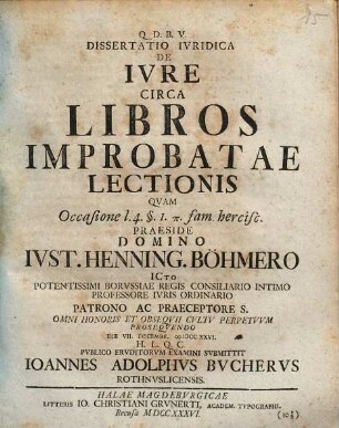 Dissertatio ivridica De ivre circa libros improbatae lectionis