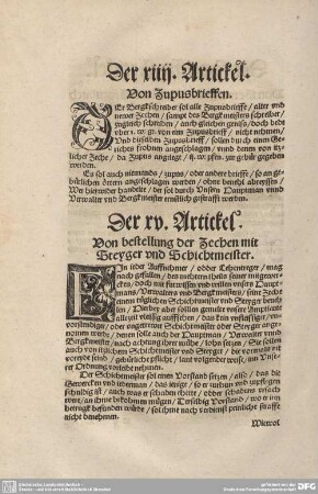 Der XV. Artickel. Von bestellung der Zechen mit Steyger und Schichtmeister.
