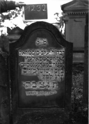 Grabstein 1232 (Index: 100104427) Material: Sandstein Zustand: gut erhalten Maße HxBxT: 122x59x13 cm Beschreibung: Stele mit Konvexbogenabschluss, Schriftfeld durch umlaufende Rille abgeteilt: Grabstein 1232