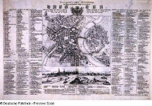 Perspectivische Grundlage der Königl. und Churfürstl. Sächß. Residenz-Stadt Dresden nebst dem Prospect dieser Stadt von denen Loschewitzer Weinbergen, wie auch eine Anzeigung, wie viel Häuser bey der zweymahligen Abbrennung derer Vorstädte, nehmlich am 10. Nov. 1758 und 30. August 1759 im Feuer drauf gegangen (ca. 1:10 000)