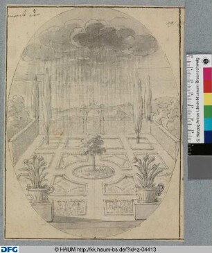 Emblem: Garten mit Wolken, aus denen Regen niedergeht