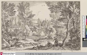 [Landschaft mit sitzender Frau und stehendem Mann im Gespräch am Wegesrand, im Hintergrund ein Dorf; Man and a Woman Sitting in the Countryside; L'homme assis sur la souche]
