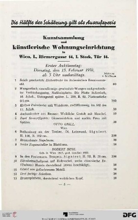 Erster Auktionstag: Dienstag, den 15. Februar 1938, ab 3 Uhr nachmittags (Nr. 1-127)