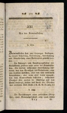 375-379, XXI. Von dem Kriminalkosten. §. 252. - §. 265.