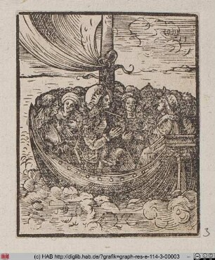 Maria Magdalena in einem Boot mit anderen Heiligen.