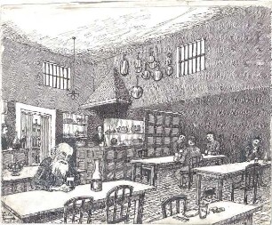 Wach, Hugo; Venedig (Italien); Reisezeichnungen - im Wirtshaus (Perspektive)