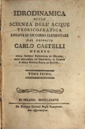 Idrodinamica ossia scienza dell'acque teorico-pratica : esposta in un corso elementare, 1