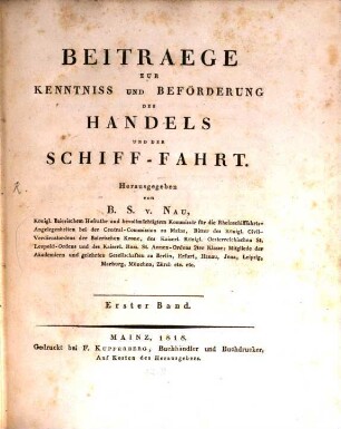 Beiträge zur Kenntniss und Beförderung des Handels und der Schiff-Fahrt. 1. 1818