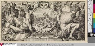 [Abbildung von David, der Goliat enthauptet, umgeben von zwei Gefangenen ,Waffen und Rüstung]