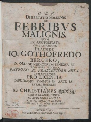 Dissertatio Solennis De Febribus Malignis