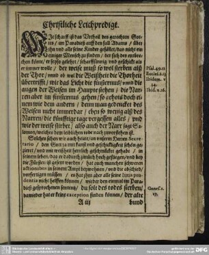 Leichenpredigt : Christliche Leichpredigt, Textus, Exegesis, Addatur Votum
