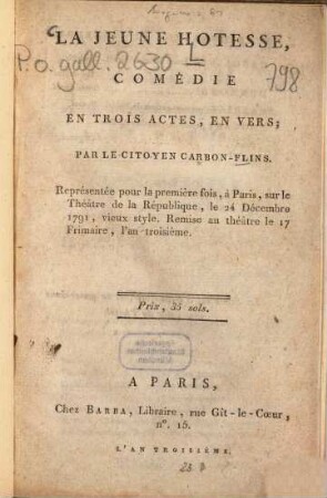 La jeune hôtesse : comédie en trois actes, en vers