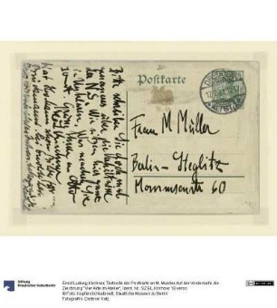 Textseite der Postkarte an M. Mueller. Auf der Vorderseite die Zeichnung "Vier Akte im Atelier"