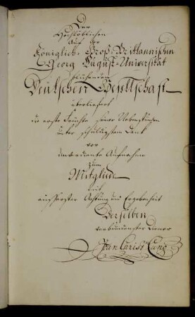 Der Höchlöblichen auf der Königlich- Groß-Brittannischen Georg August-Universität berühmten Deutschen Gesellschaft überliefert[...]