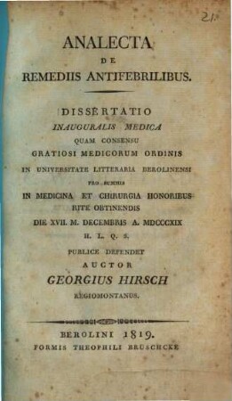 Analecta de remediis antifebrilibus : dissertatio inauguralis medica