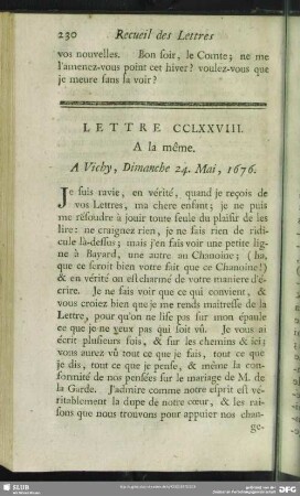 Lettre CCLXXVIII. A la même. A Vichy, Dimanche 24. Mai, 1676