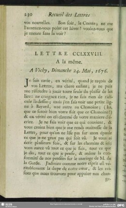 Lettre CCLXXVIII. A la même. A Vichy, Dimanche 24. Mai, 1676