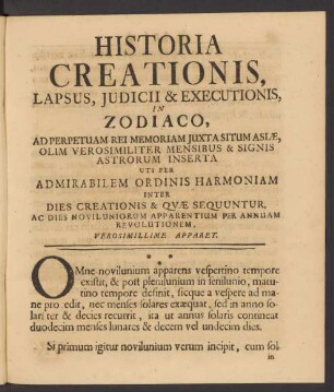 Historia Creationis, Lapsus, Judicii & Executionis, In Zodiaco, ...