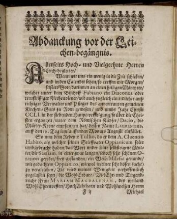 Abdanckung vor der Leichen-begängnis.