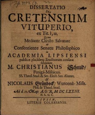 Dissertatio de cretensium vituperio, ex Tit. I, 12