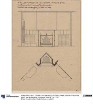 Giessen, Grossherzogliche Wohnung im Alten Schloss Wohnzimmer, Aufriss und Grundriss der Kaminecke
