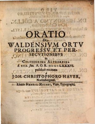 Oratio De Waldensium Ortu Progressu Et Persecutionibus