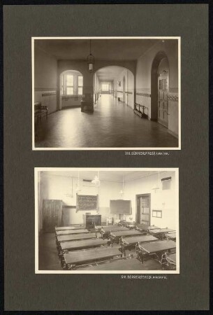 Blatt 1 mit zwei Silbergelatinepapierabzügen (Plauen, XIII. Bürgerschule) : Flügelmappe mit Pergamenteinband und farbigem, montiertem Wappen der Stadt Plauen, bezeichnet goldgeprägt Mitte: Ihrem hochverdienten Stadtbaurat / Die Stadt Plauen / 1895-1909; im Inneren Vorsatz und Laschen mit hellgrüner Seide überzogen; auf dem Deckel vorn innen auf der Innenkante bezeichnet goldgeprägt unten Mitte: R. OESTERREICH J., K. HOFBUCHBINDER, DRESDEN; auf 22 losen, schwarzen Kartons 42 montierte Silbergelatinepapierabzüge sowie ein loser Silbergelatinepapierabzug; Untersatzkartons: je 47,8 x 32 cm, Mappe: 49,7 x 34 x 3,5 cm, Original-Pappbox: 52 x 37 x 4,5 cm (um 1909). Dresden: SLUB/DF 2022.E.5
