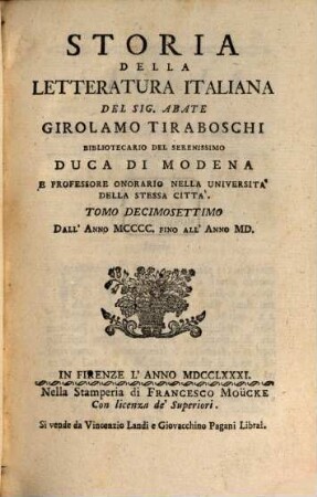 Storia Della Letteratura Italiana. 17, Dall'Anno MCCCC Fino All'Anno MD