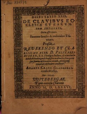 Disp. 29. de clavibus ecclesiae et earundem potestate