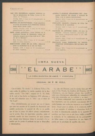Obra nueva - "El arabe", la obra maestra de amor y aventura, original de E.M. Hull