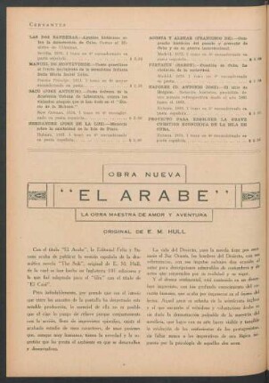 Obra nueva - "El arabe", la obra maestra de amor y aventura, original de E.M. Hull