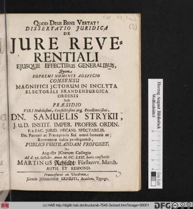 Dissertatio Iuridica De Iure Reverentiali Eiusque Effectibus Generalibus
