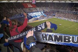 Fussball-Stadion des HSV, die AOL-Arena, waehrend eines Bundesliga-Spiels. Die Fans jubeln. Hamburg
