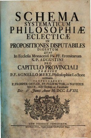 Schema Systematicum Philosophiae Eclecticae : In Propositiones Disputabiles Digestum