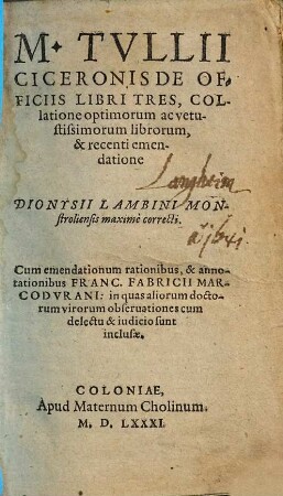 M. Tvllii Ciceronis De officiis libri tres