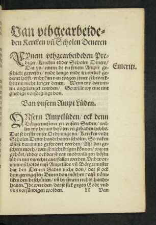 Van uthgearbeideden Kercken und Scholen Deneren