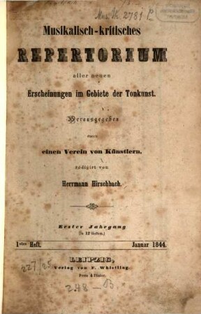 Musikalisch-kritisches Repertorium aller neuen Erscheinungen im Gebiete der Tonkunst. 1, 1. 1844