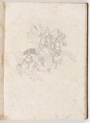 Reiter mit Schild und Stab auf einem springenden Pferd, in einem Band mit Antikischen Figurinen und Pferdedekorationen, Bl. 17