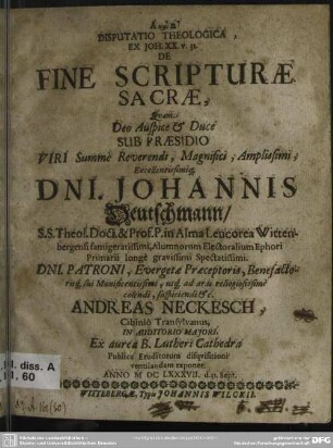 Disputatio theologica, ex Joh. XX. v. 31. de fine scripturae sacrae