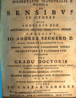 Diss. inaug. med. de sensibus in genere
