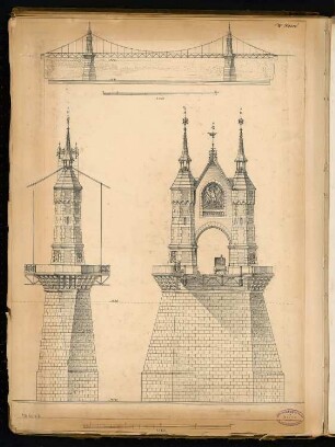 Brückenpfeiler einer Hängebrücke Monatskonkurrenz März 1893: Variante 1: Aufriss Seitenansicht der Brücke 1:500; Aufriss Längsansicht und Queransicht des Pfeilers 1:100; 2 Maßstabsleisten