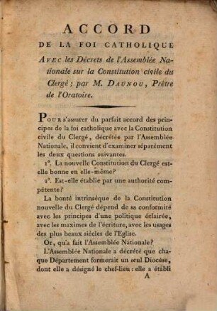 Accord De La Foi Catholique Avec les Décrets de l'Assemblée Nationale sur la Constitution civile du Clergé