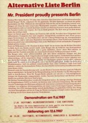 Flugblatt der AL Berlin gegen die Rüstungspolitik der USA und Aufruf zu einer Demonstration anlässlich des Besuches von Präsident Reagan in Berlin (West)