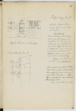 Rathaus, Rothenburg/Tauber / Kartusche, Marktbreit: Ansicht Rothenburg, Schnitt Marktbreit (aus: Skizzen- und Fotoalbum 16)