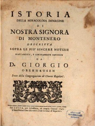 Istoria della miracolosa Immagine di Nostra Signora di Montenero