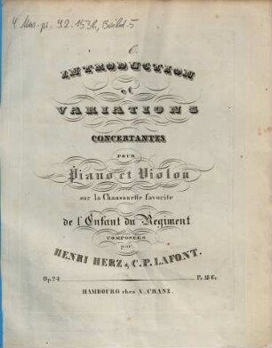 Introduction et variations concertantes : pour piano et violon ; sur la chansonette favorite de l'enfant du régiment ; op. 24