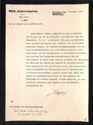 Schreiben bezüglich Studium Max Böck